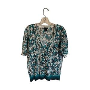 Ann Taylor Women's Size Medium Green Black Printed Short Sleeve Cardigan Sweater